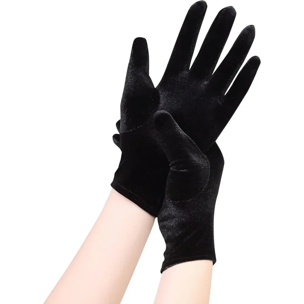 Women's Deep Black Velvet Short Satin Gloves Style Wrist Flapper Banquet